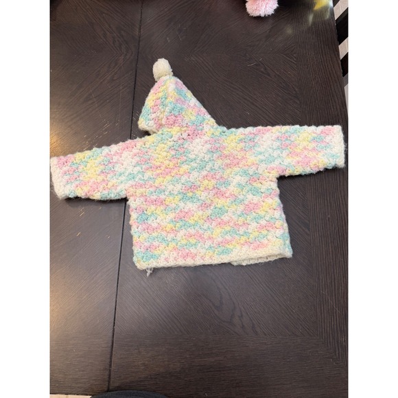 Handmade Crochet Baby Cardigan Hooded Pastel Variegated Pink Blue Yellow Sweater - Picture 7 of 7